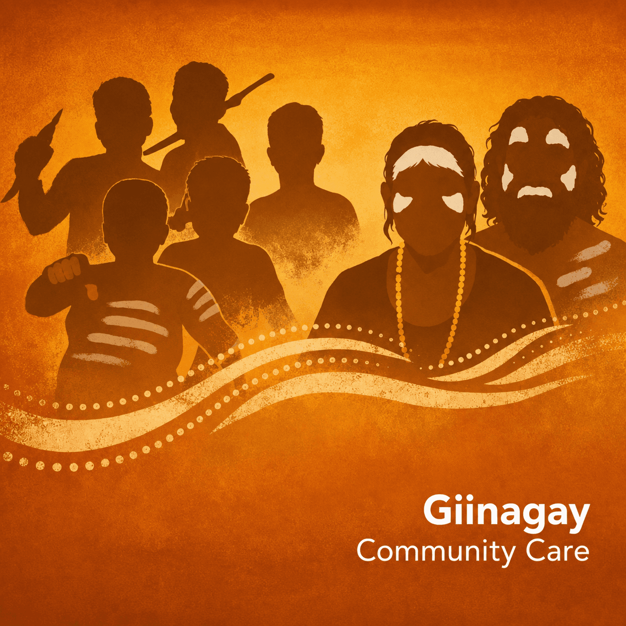 Giinagay Community Care artwork featuring community figures and flowing cultural lines